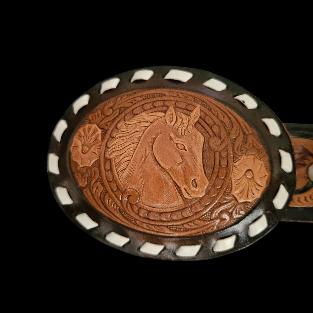Cavender's Phoenix Western Leather Belt Hand Tooled Horse Floral Concho